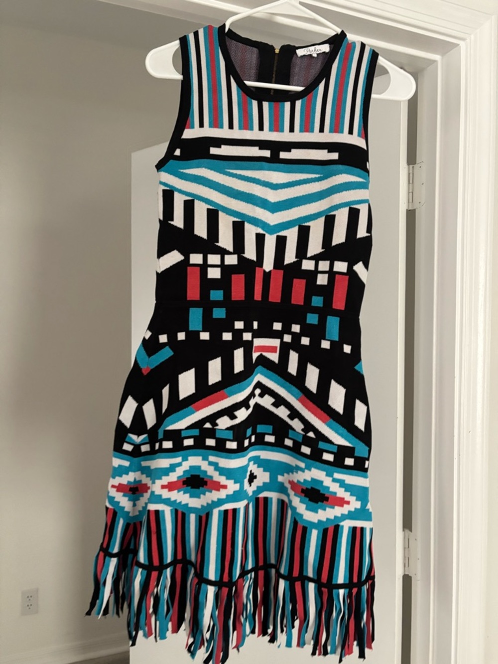 Parker Sleeveless Geometric Fringe Midi Dress in Black, Teal & Red